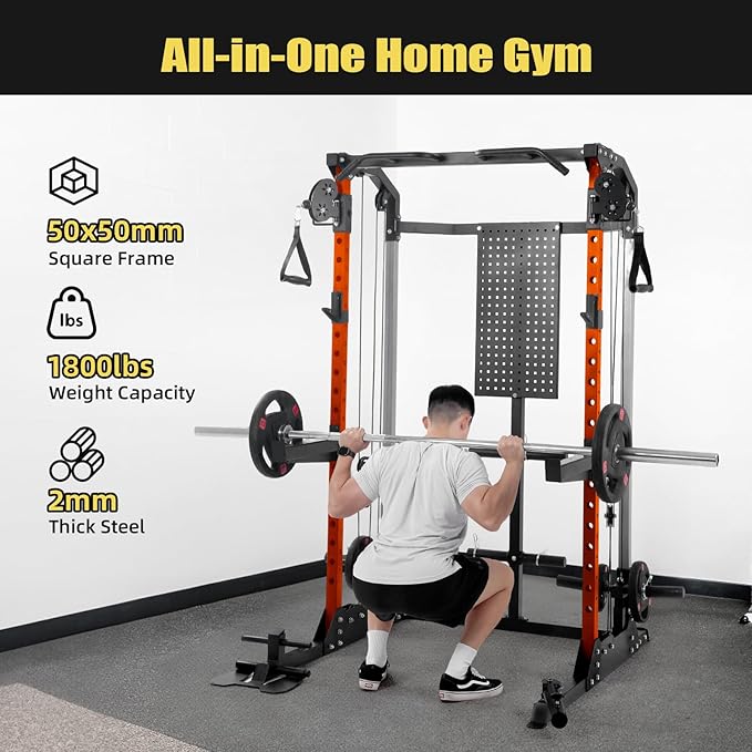 Multi-Function Power Cage, Power Rack with Dual Independent Pulley System, 2000LB Capacity Workout Cage with Adjustable Cable Crossover System and Training Attachment, Squat Rack for Home Gym