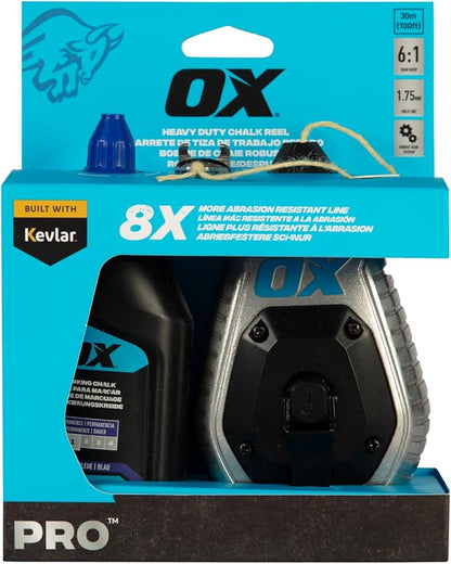 OX Pro 100ft Contractor Aluminum Chalk Line with 4oz Chalk Powder Refill - 6:1 Gear Ratio with Bold Kevlar Chalk Reel Tool - Pointed Tip Marking Tool OX-P630701