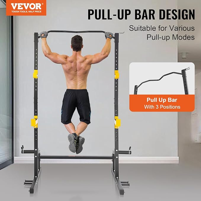 VEVOR Squat Stand - Multi-Functional Power Rack with Pull Up Bar, Hook, and Weight Plate Storage Attachment, Adjustable Power Rack Cage for Home Gym Equipment