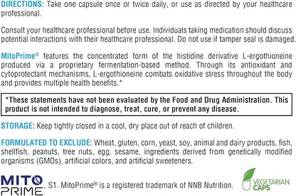 XYMOGEN MitoPrime - Fermentation-Based L Ergothioneine - Antioxidant Supplement to Support Brain Health + Already-Healthy Glutathione Levels in The Body (30 Capsules)