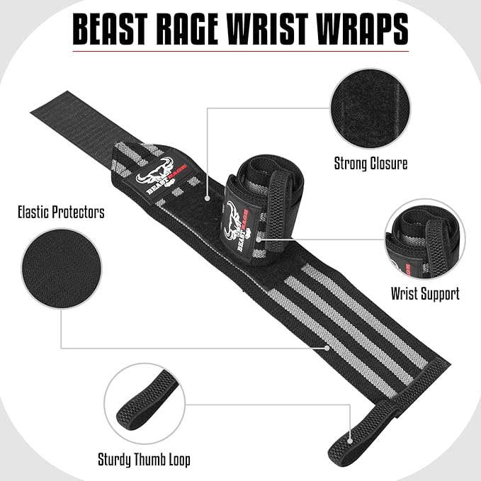 BEAST RAGE Wrist Wraps for Weightlifting - Adjustable Lifting Straps With Thumb Loop for Enhanced Gym Support, Powerlifting, Bodybuilding and Workout