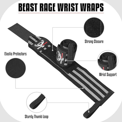 BEAST RAGE Wrist Wraps for Weightlifting - Adjustable Lifting Straps With Thumb Loop for Enhanced Gym Support, Powerlifting, Bodybuilding and Workout