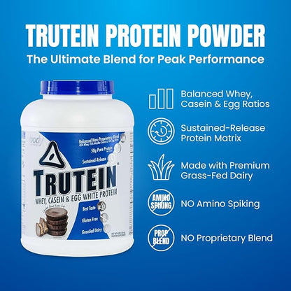 Body Nutrition Trutein High Protein Powder: 45% Whey, 45% Casein, 10% Egg White Protein Shake Mix, Gluten-Free, Low Sodium, Low Carb Protein Supplement for Men & Women, Chocolate Peanut Butter, 4lb