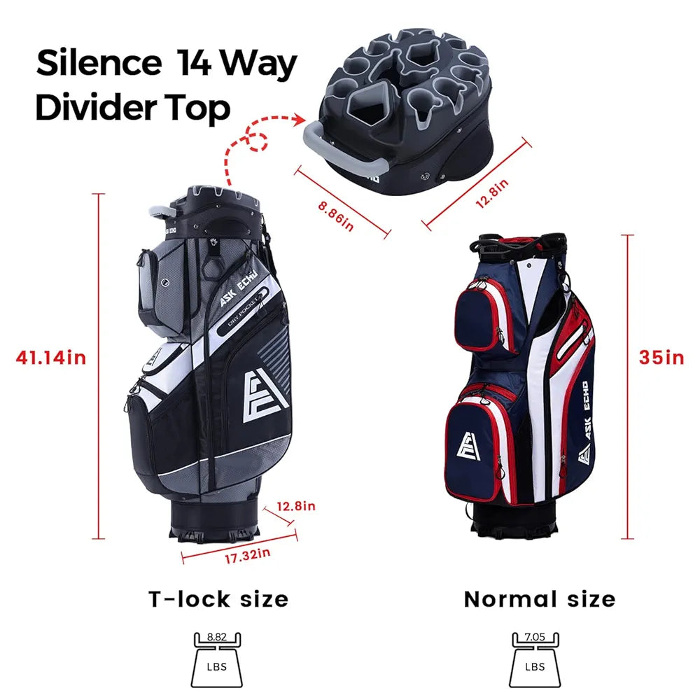 ASK ECHO T-Lock Golf Cart Bag with 14 Way Organizer Divider Top, Premium Cart Bag with Handles and Rain Cover for Men