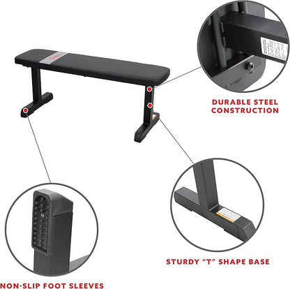 Sunny Health & Fitness Flat Weight Bench Optional Dumbbell Rack for Strength Training, Full Body Workout, Exercise, Home Gym