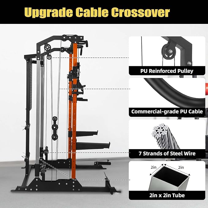 Multi-Function Power Cage, Power Rack with Dual Independent Pulley System, 2000LB Capacity Workout Cage with Adjustable Cable Crossover System and Training Attachment, Squat Rack for Home Gym