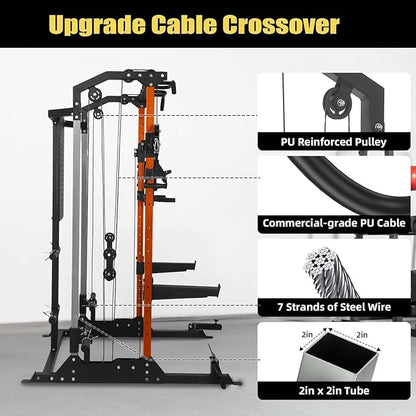 Multi-Function Power Cage, Power Rack with Dual Independent Pulley System, 2000LB Capacity Workout Cage with Adjustable Cable Crossover System and Training Attachment, Squat Rack for Home Gym