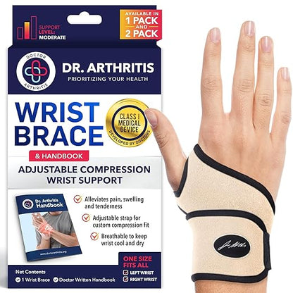 Doctor Developed Wrist Brace - Wrist wrap for Carpal Tunnel Arthritis,Tendonitis, Hand Support - Ideal for Fitness, Weightlifting - Handbook included (Nude, 1 Pack)
