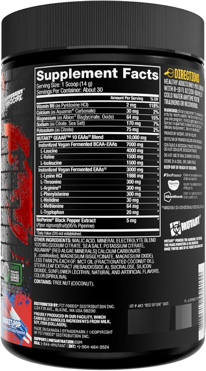 Mutant GEAAR - 9.4g of EAA Powder + Arginine, 7g BCAAs, 4g Leucine, Electrolytes, Coconut Water, No Artificial Colors or Flavors, Delicious Taste - 30 Servings - Rocket Pop - 400g