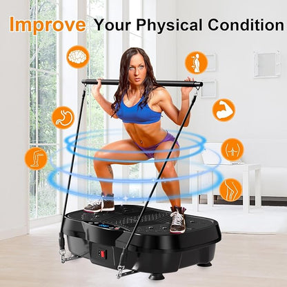 Vibration Plate Exercise Machine - Whole Body Workout Vibration Platform Machine for Lymphatic Drainage, Home Fitness & Weight Loss w/Pilates Bar + Resistance Bands + Remote