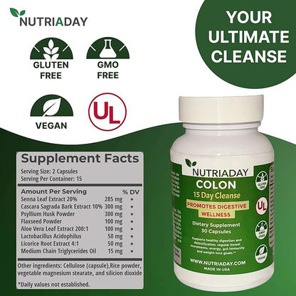Colon 15 Day Cleanse, Advanced Gut Cleanse Detox for Women & Men with Cascara Sagrada, Psyllium Husk & Senna Leaf, Digestive Wellness, Gluten-Free, Non-GMO, Vegan, 30 Capsules 1-2 Daily