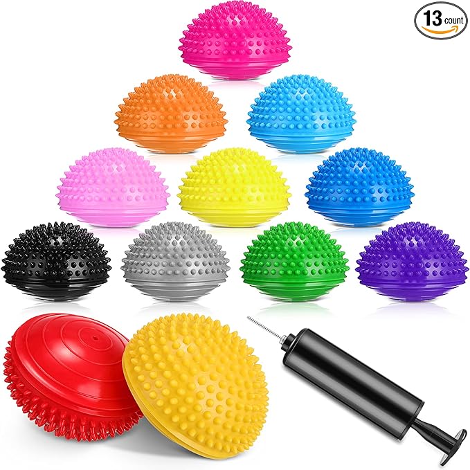 Hungdao 12 Pack Balance Pods Stability Balance Trainer Dots with Needle Pump Half Spiky Fitness Ball Domes for Men Women Stability Training, Physical Therapy, Core Strength Gymnastics Home Exercise