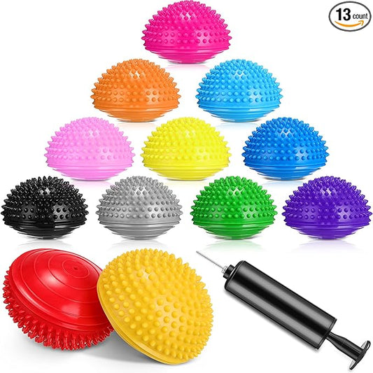 Hungdao 12 Pack Balance Pods Stability Balance Trainer Dots with Needle Pump Half Spiky Fitness Ball Domes for Men Women Stability Training, Physical Therapy, Core Strength Gymnastics Home Exercise