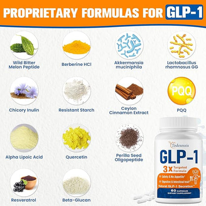 GLP-1 Supplement, GLP1 Supplement with Akkermansia Probiotic, Berberine HCI & Chicory Inulin, Natural GLP-1 Support, GLP-1 for Metabolism, Digestive & Intestinal Health - Vegan, Non-GMO, 60 Capsules