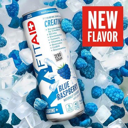 FITAID RX Zero Sugar, Encapsulated Creatine, Workout Recovery Drink, All-In-One Blend, BCAAs, Glucosamine, Turmeric, B-Complex, Naturally Sweetened, Blue Raspberry, 12 Fl Oz (Pack of 12)