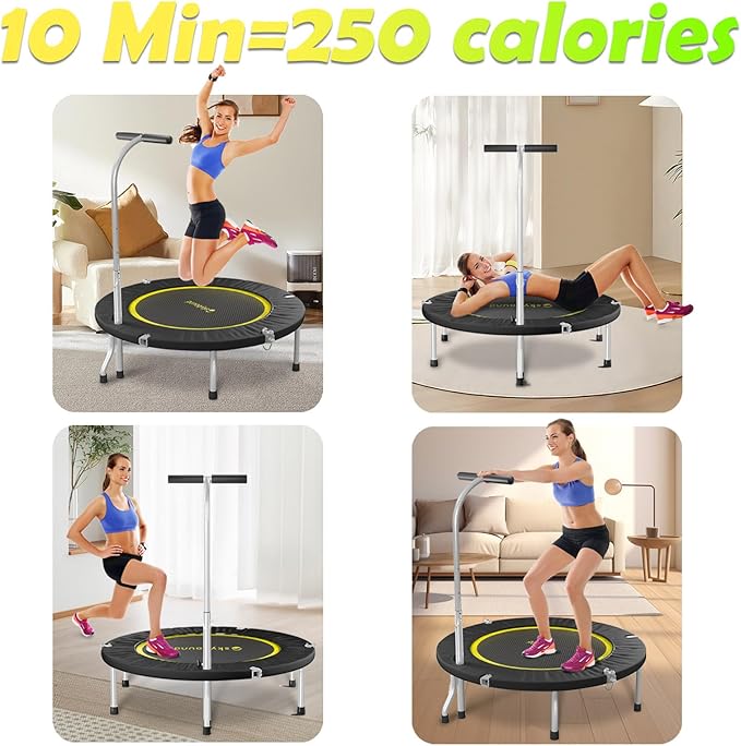 SkyBound Boogie Bounce Elite Foldable Mini Trampoline Fitness Rebounder with Adjustable T-Bar Handle - Exercise Trampoline for Adult - Fitness Trampoline for Workout Trainer