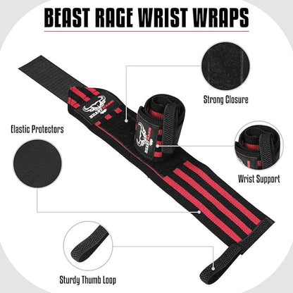 BEAST RAGE Wrist Wraps for Weightlifting - Adjustable Lifting Straps With Thumb Loop for Enhanced Gym Support, Powerlifting, Bodybuilding and Workout