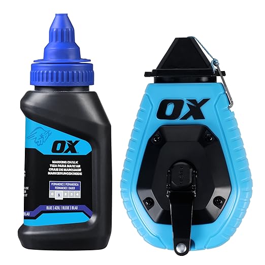 OX Pro 100ft Contractor Chalk Line with Blue Chalk Powder 4oz - Quick-Wind Cotton Nylon Basic Bold Line Marking Tool in Pointed Tip ABS Plastic - 3:1 Gear Ratio Chalk Reel Tool OX-T630601