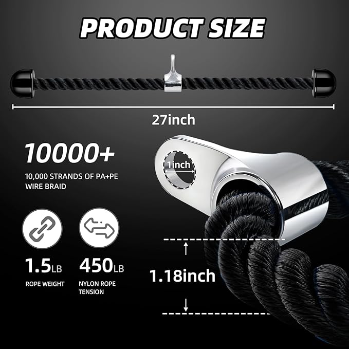 tchrules Universal Tricep Rope Pull Down, 27 Inch Heavy Duty Rope Length, Easy to Grip & Non Slip Cable Workout Exercise Machine Attachment, Suitable for Professional Gyms