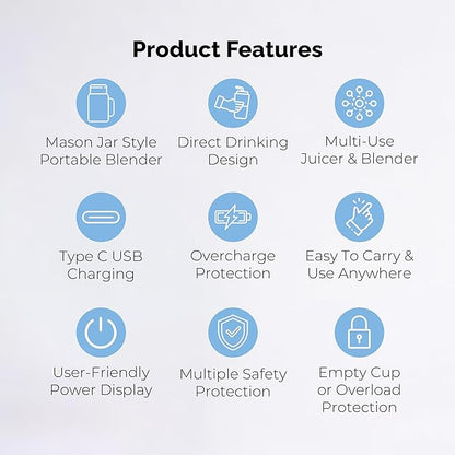 Personal Portable Blender For Shakes & Smoothies, Leakproof & Stylish Portable Mason Jar Shaker, Rechargeable Mini Blender with 10-Blade Blending System 14oz, Sky Blue