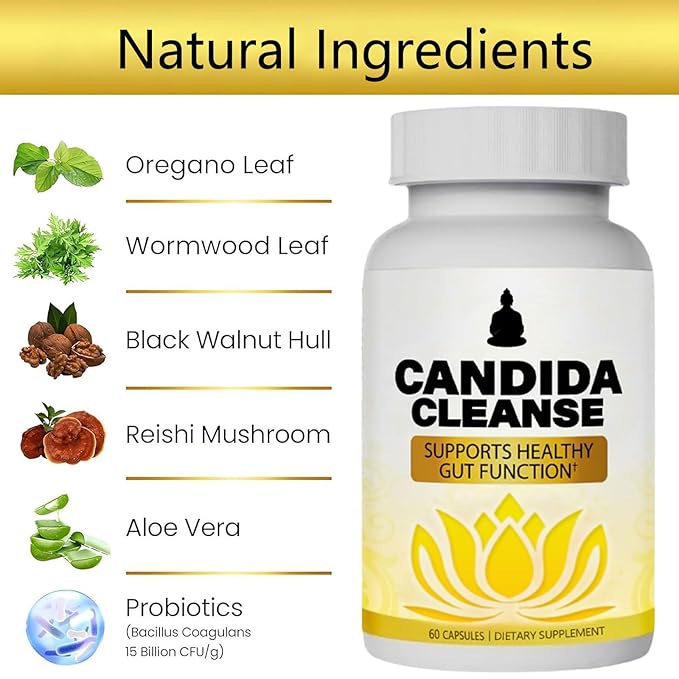 Candida Cleanse - Gut & Colon Support, Advanced Probiotic & Herbal Formula, Natural Herbal Formula, Oregano Leaf, Wormwood, Black Walnut, Caprylic Acid-1 for Men & Women, 60 Capsules