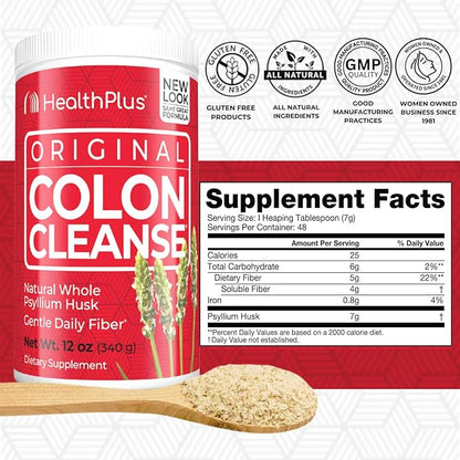 Health Plus Original Colon Cleanse, 12 oz Powder, 48 Servings - Natural Detox, Digestive Constipation Relief, Daily Fiber, Contains Psyllium Husk