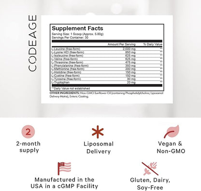 Codeage Liposomal Multi Amino Powder Supplement - BCAA & EAA Supplement All 9 Essential Amino Acids, Branched-Chain Amino Acid, Pre & Post Workout, Unflavored, Liposomal Delivery, Non-GMO, 6.15 oz