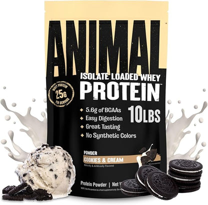 Animal Whey Isolate Protein Powder - Loaded for Pre & Post Workout Muscle Builder and Recovery with Digestive Enzymes for Men & Women - 25g Protein, Great Taste, Low Sugar - Cookies & Cream 10 lbs
