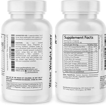 Youth & Tonic Natural Water Pills (90 Count) for Swelling Belly Bloating & Water Retention - Herbal Diuretic Supplement for Women & Men
