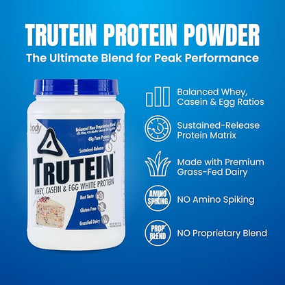 Body Nutrition Trutein High Protein Powder: 45% Whey, 45% Casein, 10% Egg White Protein Shake Mix, Gluten-Free, Low Sodium, Low Carb Protein Supplement Powder for Men & Women, Birthday Cake, 2lb