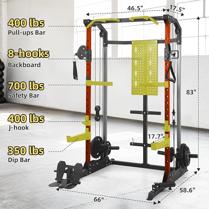 Multi-Function Power Cage, Power Rack with Dual Independent Pulley System, 2000LB Capacity Workout Cage with Adjustable Cable Crossover System and Training Attachment, Squat Rack for Home Gym