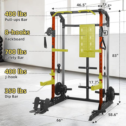 Multi-Function Power Cage, Power Rack with Dual Independent Pulley System, 2000LB Capacity Workout Cage with Adjustable Cable Crossover System and Training Attachment, Squat Rack for Home Gym