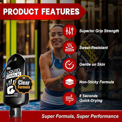 Clear Liquid Chalk, Dry Hands Non Sticky Grip Enhancer, Transparent Anti-Slip Solution for Gymnastics Cheerleading Pole Dancing Tennis Golf Pickleball Badminton and All Sports.