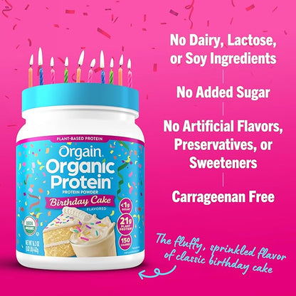 Orgain Organic Vegan Protein Powder, Birthday Cake - 21g Plant Based Protein, 7g Prebiotic Fiber, Low Net Carb, No Lactose Ingredients, No Added Sugar, Non-GMO, for Shakes & Smoothies, 1.02 lb