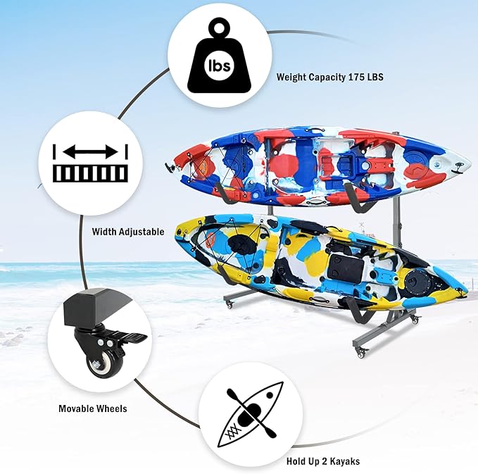 Bonnlo Kayak Stand Freestanding Storage Rack for Kayak Canoe Boat Paddle Board SUP Surfboard for Indoor Outdoor Garage, Shed, Dock with Lockable Wheels Wide Adjustable
