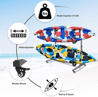 Bonnlo Kayak Stand Freestanding Storage Rack for Kayak Canoe Boat Paddle Board SUP Surfboard for Indoor Outdoor Garage, Shed, Dock with Lockable Wheels Wide Adjustable
