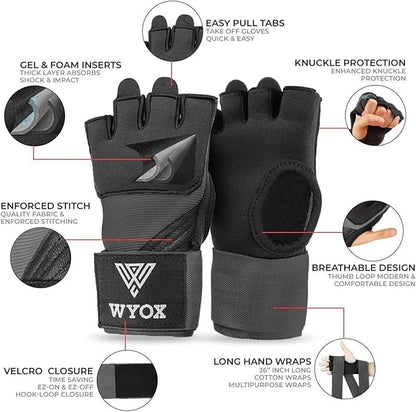 WYOX Gel Boxing Hand Wraps Inner Gloves for Men & Women, 80cm Quick Wrist Straps, Padded Knuckle Protection for Muay Thai Kickboxing, Hand Wraps for Boxing & Martial Arts