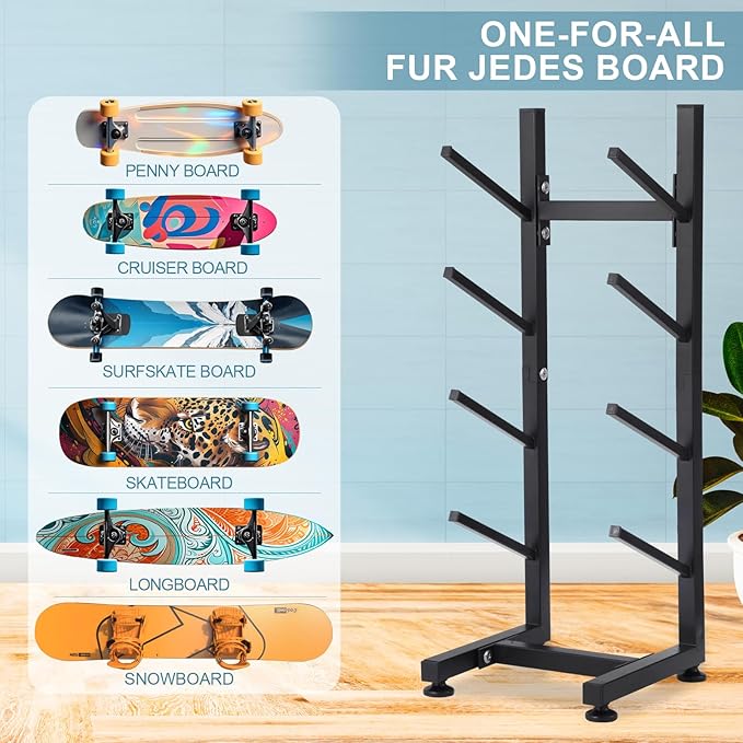 BiJun Skateboard Racks Floor Stand, 4-Layer Skateboard Holder,Snowboard Storage Rack, Skateboard Organizer Floor Stand for Deck, Longboard, Snowboard, Standard Skateboards, Mini Cruiser Skateboard