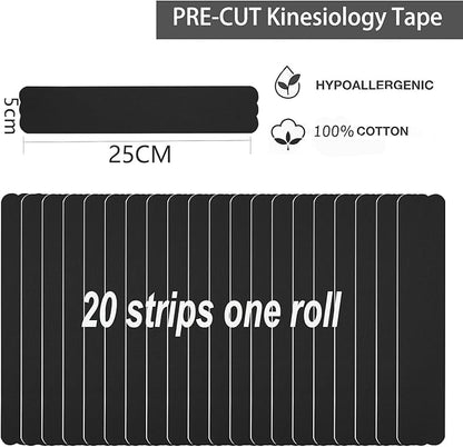 Kinesiology Tape Precut (6 Rolls,120 Precut Strips) Waterproof Sports & Athletic Tape Therapeutic Physio Elastic Sports Tape Pain Relief Adhesive for Muscles Shin Splints Ankle Knee & Shoulder(Black)