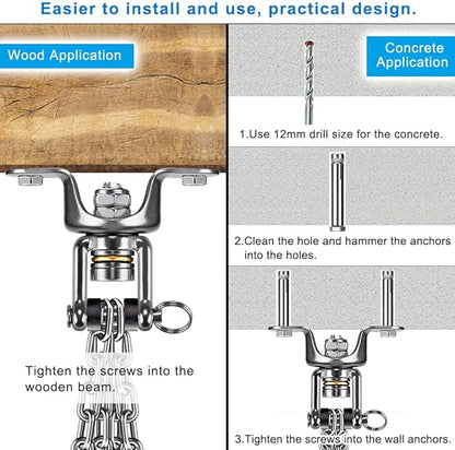 SELEWARE Heavy Duty Punching Bag Hanger with Bearing, Stainless Steel 360° Rotation Wood Beam Holder with Chains for Hanging Indoor Outdoor Boxing Punching Bag