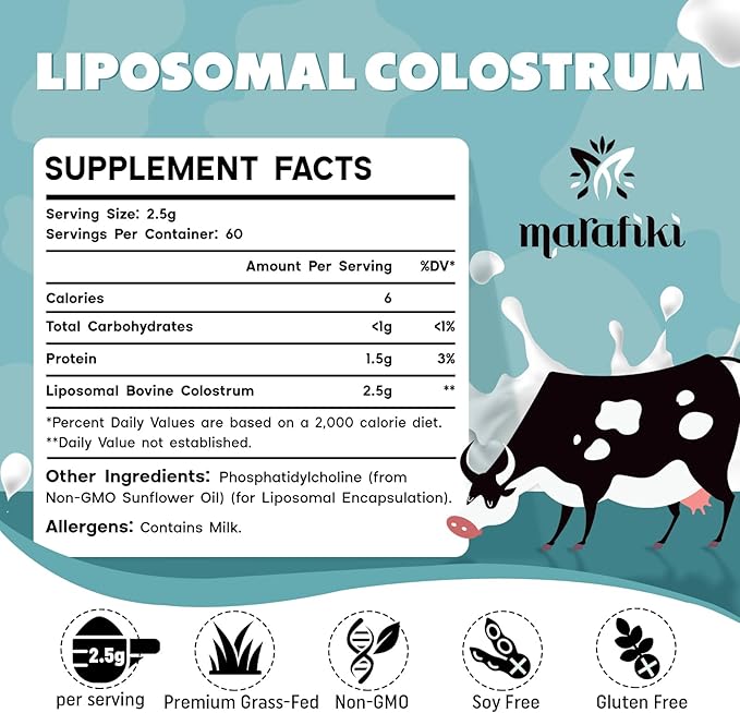 Liposomal Bovine Colostrum Supplement 2500mg - Grass Fed Colostrum Powder for Immune, Gut, Muscle, Hair, Skin & Wellness - Ultra Bioavailable, 100% Pure, Natural IgG, Easy to Mix (60 Servings)