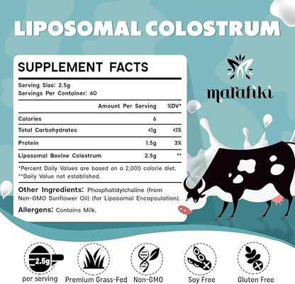 Liposomal Bovine Colostrum Supplement 2500mg - Grass Fed Colostrum Powder for Immune, Gut, Muscle, Hair, Skin & Wellness - Ultra Bioavailable, 100% Pure, Natural IgG, Easy to Mix (60 Servings)