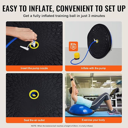 VEVOR Half Exercise Ball Trainer, 23/26 inch Balance Ball Trainer, 1500lbs Capacity Stability Ball, Yoga Ball with Resistance Bands & Foot Pump, Strength Fitness Ball for Home Gym Full Body Workout Black