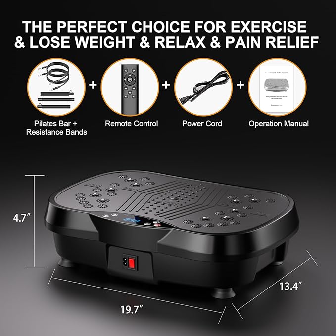 Vibration Plate Exercise Machine - Whole Body Workout Vibration Platform Machine for Lymphatic Drainage, Home Fitness & Weight Loss w/Pilates Bar + Resistance Bands + Remote