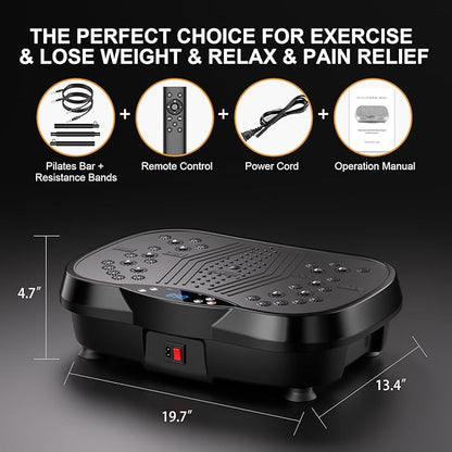 Vibration Plate Exercise Machine - Whole Body Workout Vibration Platform Machine for Lymphatic Drainage, Home Fitness & Weight Loss w/Pilates Bar + Resistance Bands + Remote
