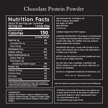Truvani Vegan Pea Protein Powder | Chocolate | 20g Organic Plant Based Protein | 20 Servings | Keto | Gluten & Dairy Free | Low Carb | No Added Sugar