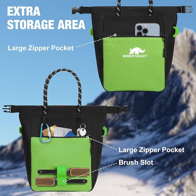 Rhino Valley Chalk Bag for Rock Climbing, No Leak Magnetic Climbing Chalk Bag with Handle, Climbing Chalk Bucket Gear with Adjustable Belt Zipper Pockets for Cross Fit, Weight Lifting