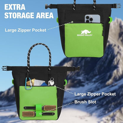 Rhino Valley Chalk Bag for Rock Climbing, No Leak Magnetic Climbing Chalk Bag with Handle, Climbing Chalk Bucket Gear with Adjustable Belt Zipper Pockets for Cross Fit, Weight Lifting