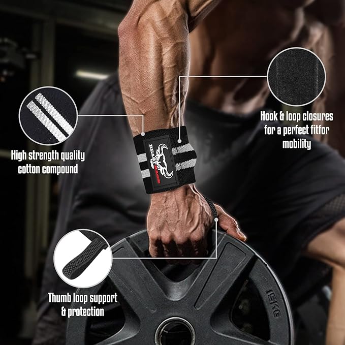 BEAST RAGE Wrist Wraps for Weightlifting - Adjustable Lifting Straps With Thumb Loop for Enhanced Gym Support, Powerlifting, Bodybuilding and Workout