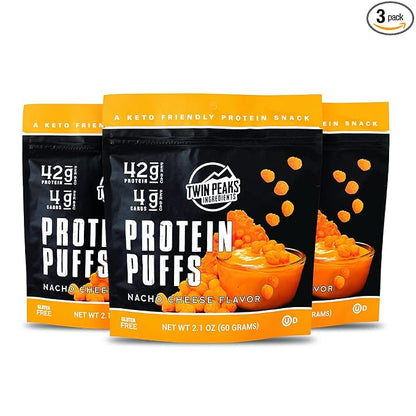 Twin Peaks Low Carb, Keto Friendly Protein Puffs, (Nacho Cheese), 2 Servings, 3 Pack (60g, 42g Protein, 4g Carbs)